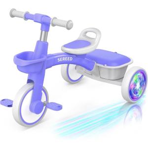 imageSEREED Colorful Lighting Toddler Tricycle for 25 Years Old Boys Girls Adjustable SeatampampHandlebar Trike Removable Basket Birthday Gift Idea for Kids Ages 2 PurplePurple