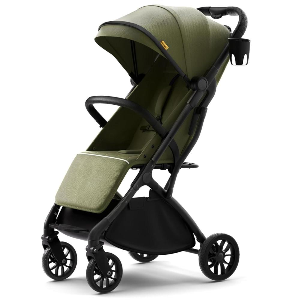 imagenewyoo GlideTow TR18M Compact Travel Stroller for Toddlers Lightweight ampamp Airplane Ready Stroller for BabyInfant w Telescoping Handle and Cup Holder OneHand Quick Fold Near Flat Recline Seat GrayGreen