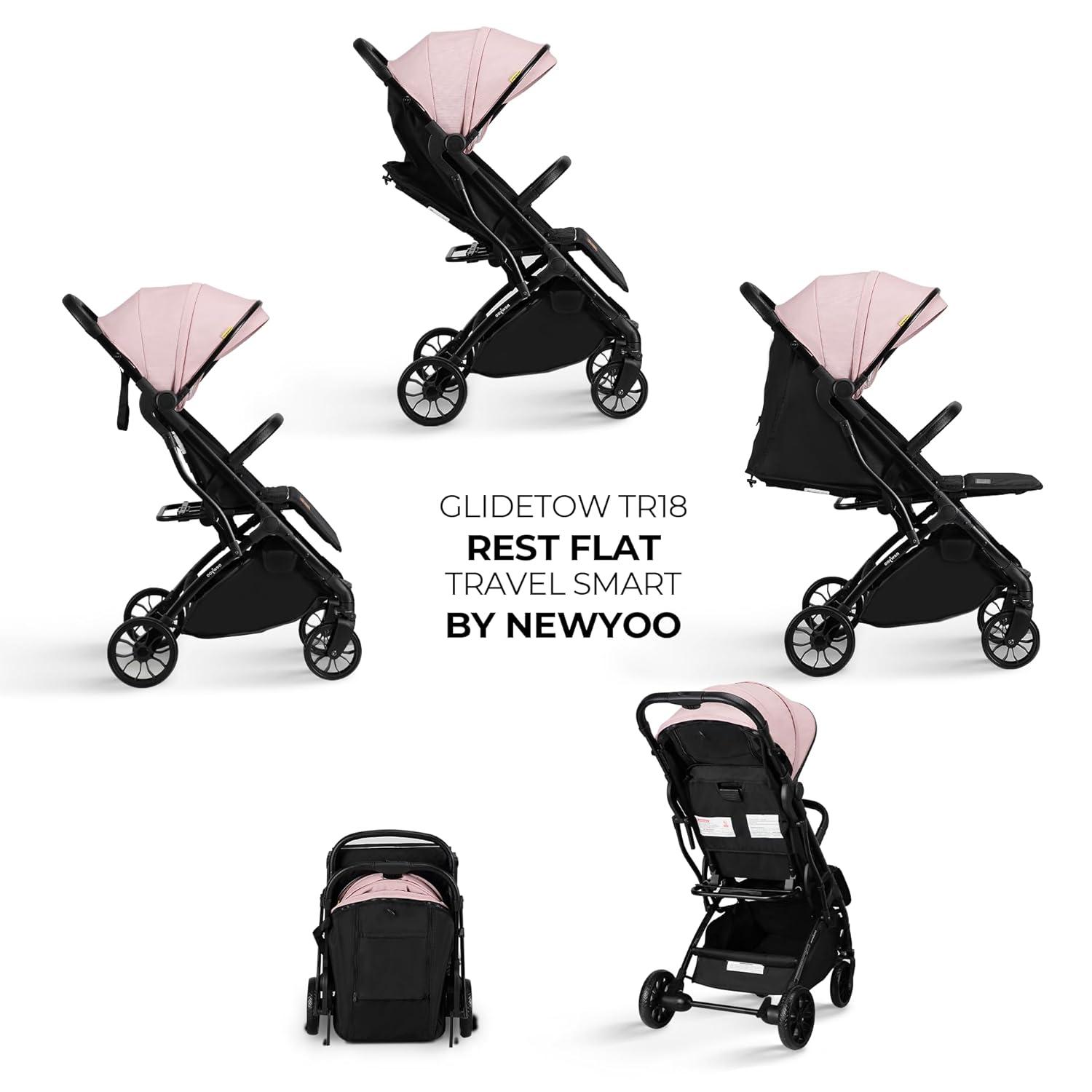 imagenewyoo GlideTow TR18M Compact Travel Stroller for Toddlers Lightweight ampamp Airplane Ready Stroller for BabyInfant w Telescoping Handle and Cup Holder OneHand Quick Fold Near Flat Recline Seat GrayPink