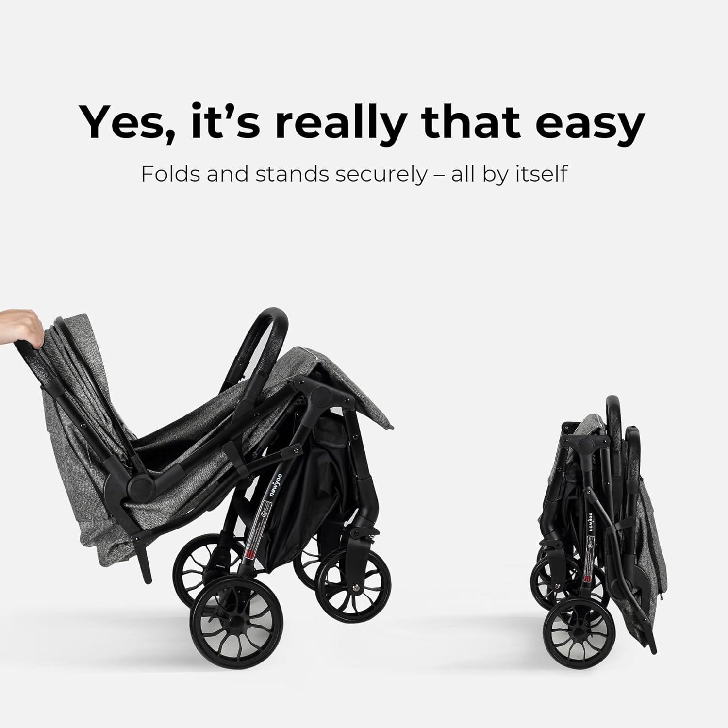 imagenewyoo GlideTow TR18M Compact Travel Stroller for Toddlers Lightweight ampamp Airplane Ready Stroller for BabyInfant w Telescoping Handle and Cup Holder OneHand Quick Fold Near Flat Recline Seat GrayGray