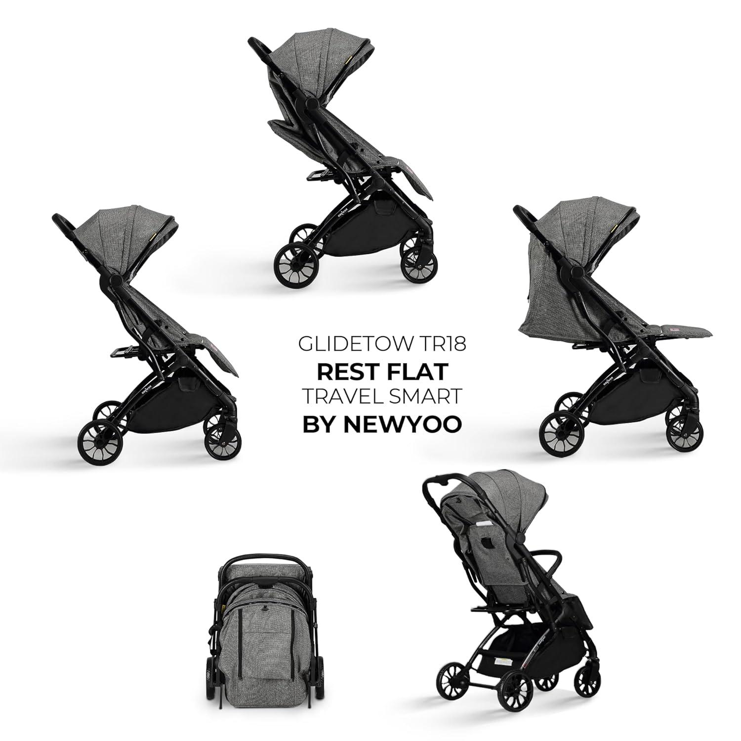 imagenewyoo GlideTow TR18M Compact Travel Stroller for Toddlers Lightweight ampamp Airplane Ready Stroller for BabyInfant w Telescoping Handle and Cup Holder OneHand Quick Fold Near Flat Recline Seat GrayGray