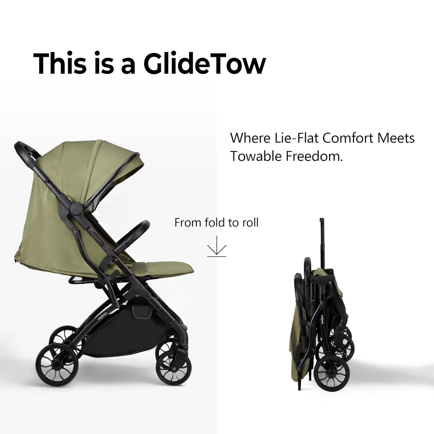 imagenewyoo GlideTow TR18M Compact Travel Stroller for Toddlers Lightweight ampamp Airplane Ready Stroller for BabyInfant w Telescoping Handle and Cup Holder OneHand Quick Fold Near Flat Recline Seat GrayGreen