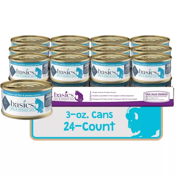 imageBlue Buffalo Basics Skin amp Stomach Care Grain Free Natural Adult Pate Wet Cat Food Indoor Duck 3oz cans Pack of 24Fish