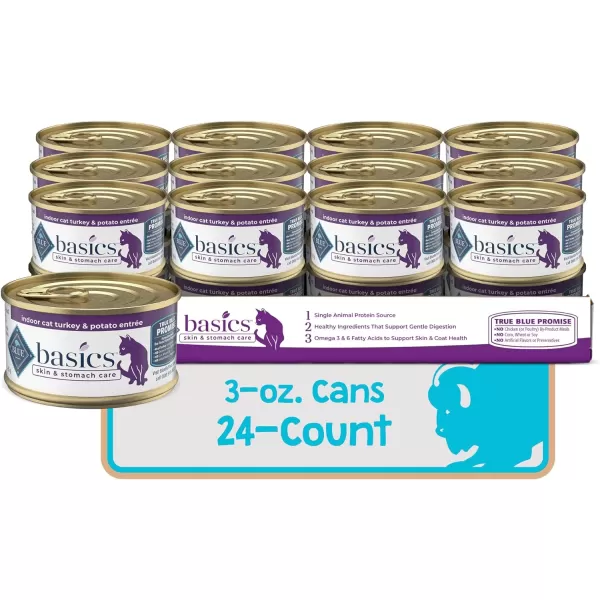 imageBlue Buffalo Basics Skin amp Stomach Care Grain Free Natural Adult Pate Wet Cat Food Indoor Duck 3oz cans Pack of 24Turkey