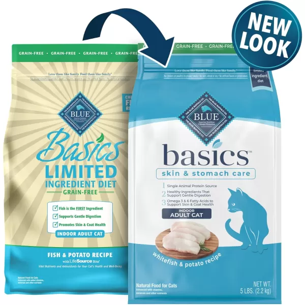 imageBlue Buffalo Basics Skin amp Stomach Care Grain Free Natural Indoor Adult Dry Cat Food Duck amp Potato 5lbFish amp Potato 5 Pound Pack of 1