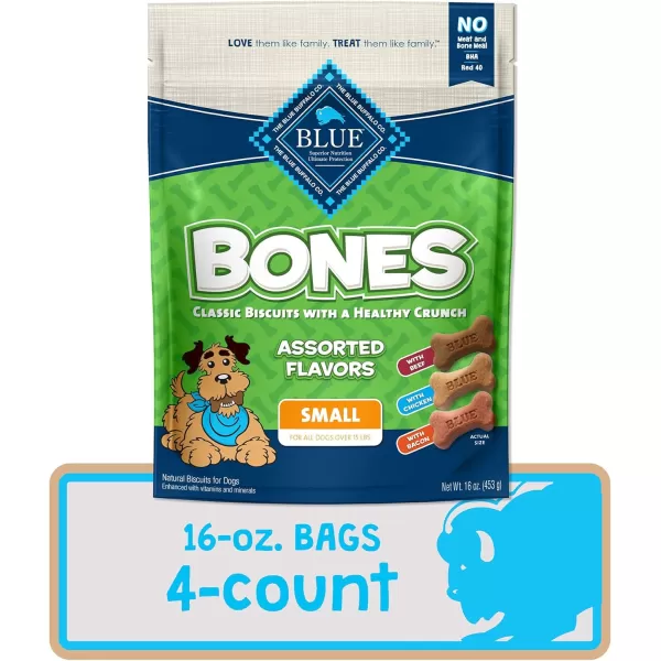 imageBlue Buffalo Bones Natural Crunchy Dog Treats Large Dog Biscuits Chicken 16oz bag 4 countAssorted Flavors  Beef Chicken amp Bacon 16 Ounce Pack of 4 Small Biscuits