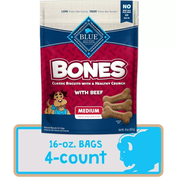 imageBlue Buffalo Bones Natural Crunchy Dog Treats Large Dog Biscuits Chicken 16oz bag 4 countBeef 16 Ounce Pack of 4 Medium Biscuits