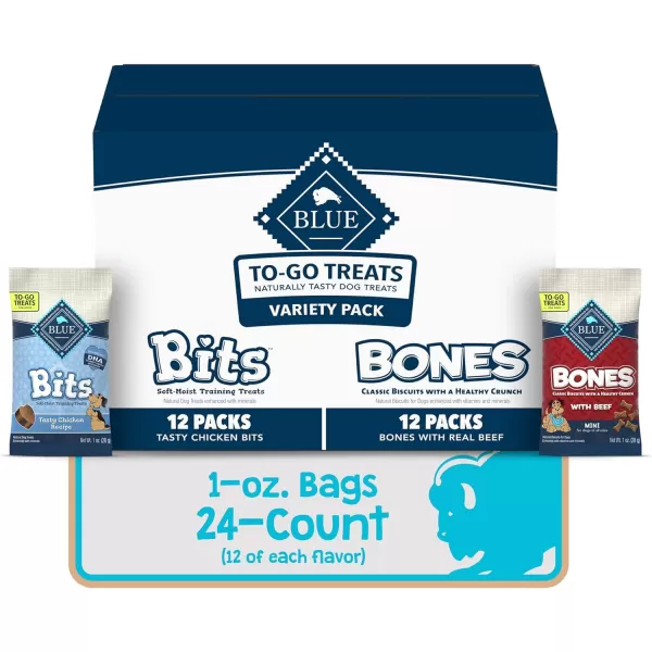 imageBlue Buffalo Bones Natural Crunchy Dog Treats TOGO Mini Dog Biscuits Beef 1oz Bags Pack of 12BLUE Bits amp Bones 1 Ounce Pack of 24