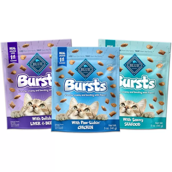 imageBlue Buffalo Bursts Crunchy Cat Treats Variety Pack Chicken Chicken Liver and Beef and Seafood 5oz Bags 3 countSeafood Chicken Chicken Liver amp Beef 500 Ounce Pack of 3