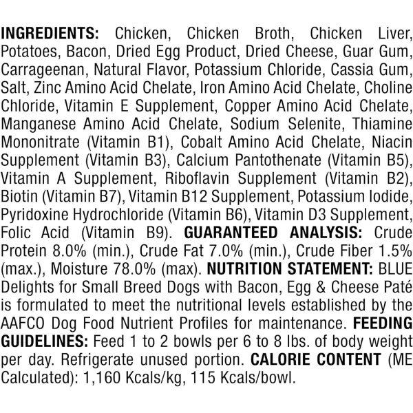 imageBlue Buffalo Delights Natural Adult Small Breed Wet Dog Food Cups Pate Style Filet Mignon and Porterhouse 35oz 12 Pack 6 of Each FlavorBacon Egg amp Cheese 35 Ounce Pack of 12