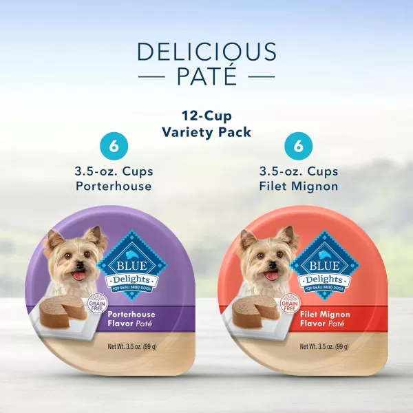 imageBlue Buffalo Delights Natural Adult Small Breed Wet Dog Food Cups Pate Style Filet Mignon and Porterhouse 35oz 12 Pack 6 of Each FlavorFilet Mignon amp Porterhouse 35 Ounce Pack of 12