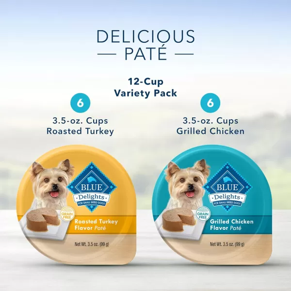 imageBlue Buffalo Delights Natural Adult Small Breed Wet Dog Food Cups Pate Style Filet Mignon and Porterhouse 35oz 12 Pack 6 of Each FlavorRoasted Turkey amp Grilled Chicken 35 Ounce Pack of 12