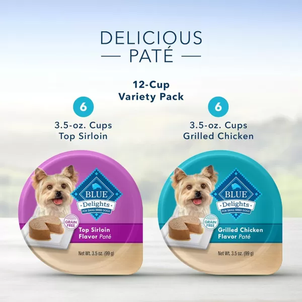 imageBlue Buffalo Delights Natural Adult Small Breed Wet Dog Food Cups Pate Style Filet Mignon and Porterhouse 35oz 12 Pack 6 of Each FlavorTop Sirloin amp Grilled Chicken 35 Ounce Pack of 12