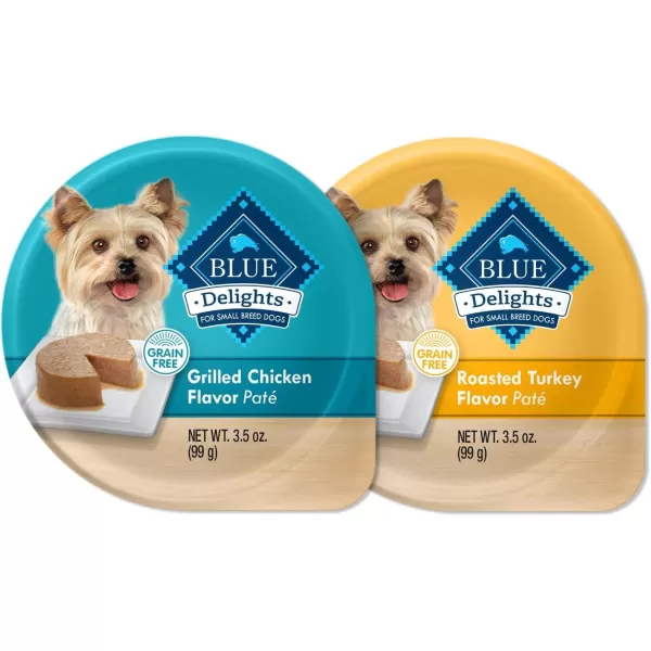 imageBlue Buffalo Delights Natural Adult Small Breed Wet Dog Food Cups Pate Style Filet Mignon and Porterhouse 35oz 12 Pack 6 of Each FlavorVariety Pack Grilled Chicken amp Roasted Turkey 35 Ounce Pack of 24