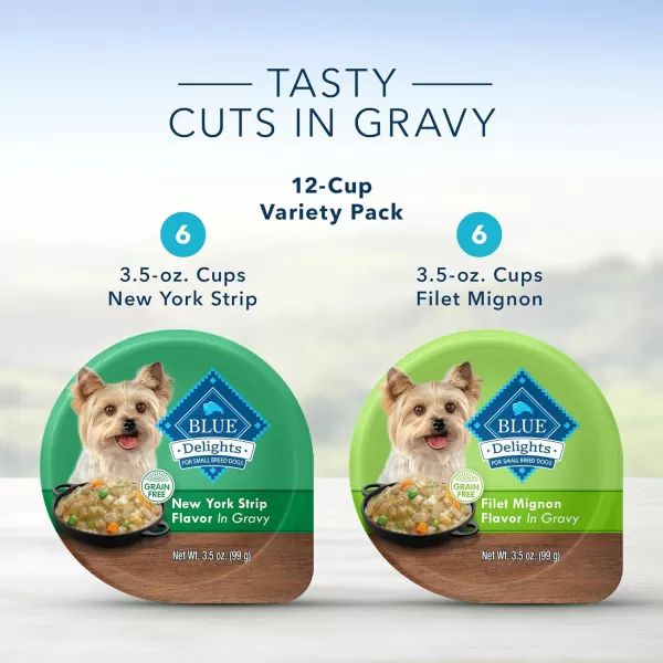 imageBlue Buffalo Delights Natural Adult Small Breed Wet Dog Food Cups Variety Pack in Hearty Gravy Filet Mignon amp New York Strip 35oz Cups 12 count  6 of each FlavorBeef 35 Ounce Pack of 12