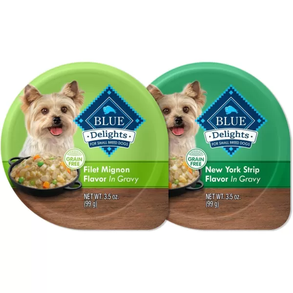 imageBlue Buffalo Delights Natural Adult Small Breed Wet Dog Food Cups Variety Pack in Hearty Gravy Filet Mignon amp New York Strip 35oz Cups 12 count  6 of each FlavorVariety Pack Filet Mignon amp New York Strip Bundle 35 oz Pack of 24