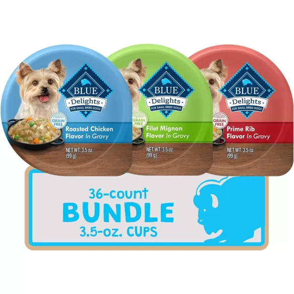 imageBlue Buffalo Delights Natural Adult Small Breed Wet Dog Food Cups in Gravy Filet Mignon Prime Rib amp Chicken 35oz 36 Count  12 of Each FlavorVariety Pack Filet Mignon Prime Rib amp Roasted Chicken Bundle 35 oz Pack of 36