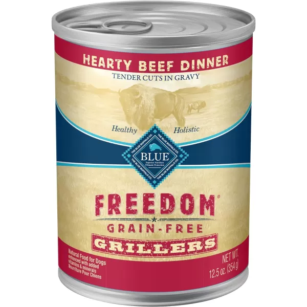 imageBlue Buffalo Freedom Grain Free Natural Adult Wet Dog Food Lamb 125oz cans Pack of 12Grillers Hearty Beef Dinner