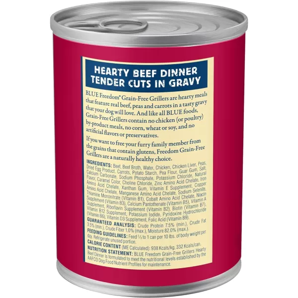 imageBlue Buffalo Freedom Grain Free Natural Adult Wet Dog Food Lamb 125oz cans Pack of 12Grillers Hearty Beef Dinner