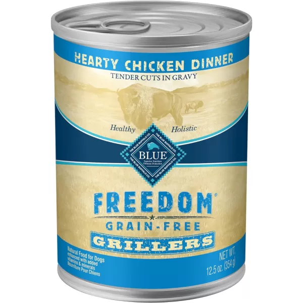 imageBlue Buffalo Freedom Grain Free Natural Adult Wet Dog Food Lamb 125oz cans Pack of 12Grillers Hearty Chicken Dinner