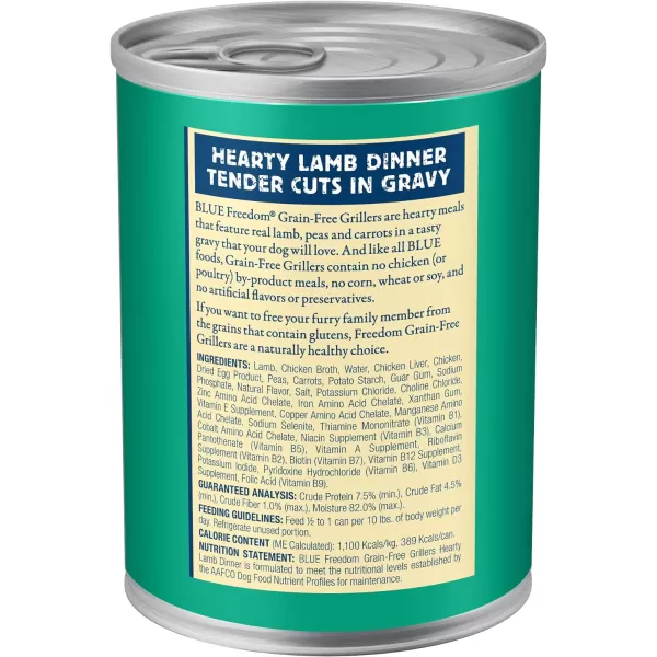 imageBlue Buffalo Freedom Grain Free Natural Adult Wet Dog Food Lamb 125oz cans Pack of 12Grillers Hearty Lamb Dinner