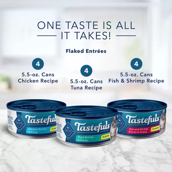 imageBlue Buffalo Tastefuls Natural Flaked Wet Cat Food Variety Pack Tuna Chicken and Fish amp Shrimp Entres in Gravy 55oz Cans 12 Count  4 of EachTuna Chicken Fish amp Shrimp 55 Ounce Pack of 12