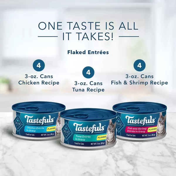 imageBlue Buffalo Tastefuls Natural Flaked Wet Cat Food Variety Pack Tuna Chicken and Fish amp Shrimp Entres in Gravy 55oz Cans 12 Count  4 of EachTuna Chicken Fish amp Shrimp 3 Ounce  12 Count Pack of 1