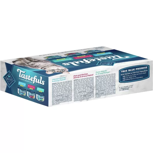 imageBlue Buffalo Tastefuls Natural Flaked Wet Cat Food Variety Pack Tuna Chicken and Fish amp Shrimp Entres in Gravy 55oz Cans 12 Count  4 of EachTuna Chicken Fish amp Shrimp 55 Ounce Pack of 12