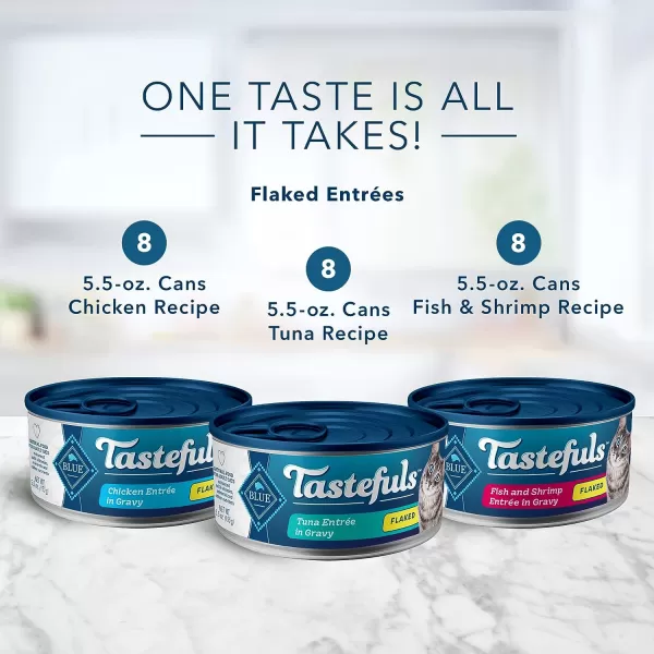 imageBlue Buffalo Tastefuls Natural Flaked Wet Cat Food Variety Pack Tuna Chicken and Fish amp Shrimp Entres in Gravy 55oz Cans 24 Count  8 of EachTuna Chicken Fish amp Shrimp 55 Ounce Pack of 24