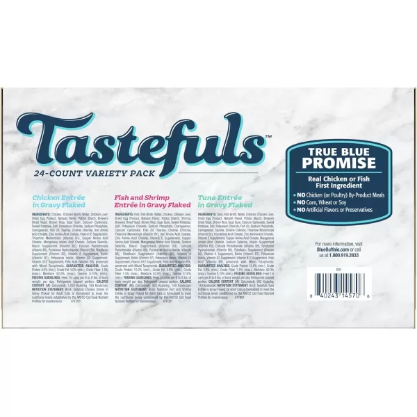 imageBlue Buffalo Tastefuls Natural Flaked Wet Cat Food Variety Pack Tuna Chicken and Fish amp Shrimp Entres in Gravy 55oz Cans 24 Count  8 of EachTuna Chicken Fish amp Shrimp 55 Ounce Pack of 24