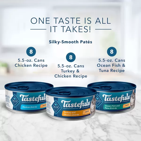 imageBlue Buffalo Tastefuls Natural Pate Wet Cat Food Variety Pack Chicken Turkey amp Chicken and Ocean Fish amp Tuna 55oz Cans 24 Count  8 of EachChicken Turkey amp Chicken Ocean Fish amp Tuna 55 Ounce Pack of 24
