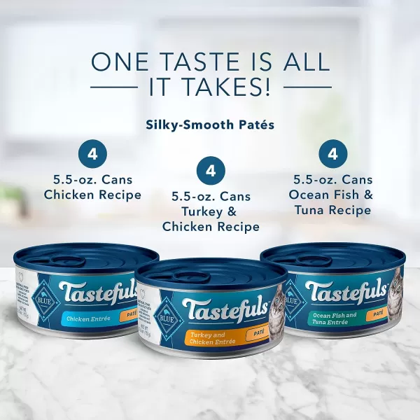 imageBlue Buffalo Tastefuls Natural Pate Wet Cat Food Variety Pack Salmon Chicken Ocean Fish amp Tuna Entres 3oz Cans 12 Count  4 of Each FlavorChicken Turkey amp Chicken Ocean Fish amp Tuna 55 Ounce Pack of 12