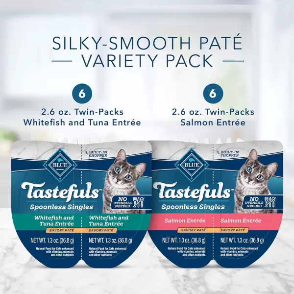 imageBlue Buffalo Tastefuls Spoonless Singles Adult Pate Wet Cat Food Variety Pack Whitefish amp Tuna and Salmon Entre 26oz TwinPack Tray 12 Count  6 of Each FlavorWhitefish Tuna amp Salmon