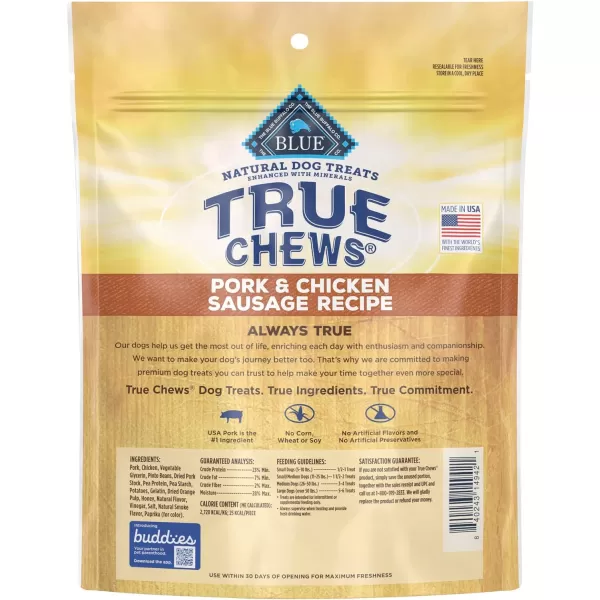 imageBlue Buffalo True Chews Premium Natural Dog Treats Pork and Chicken Sausage 14 oz bagPork amp Chicken 14 Ounce Pack of 1