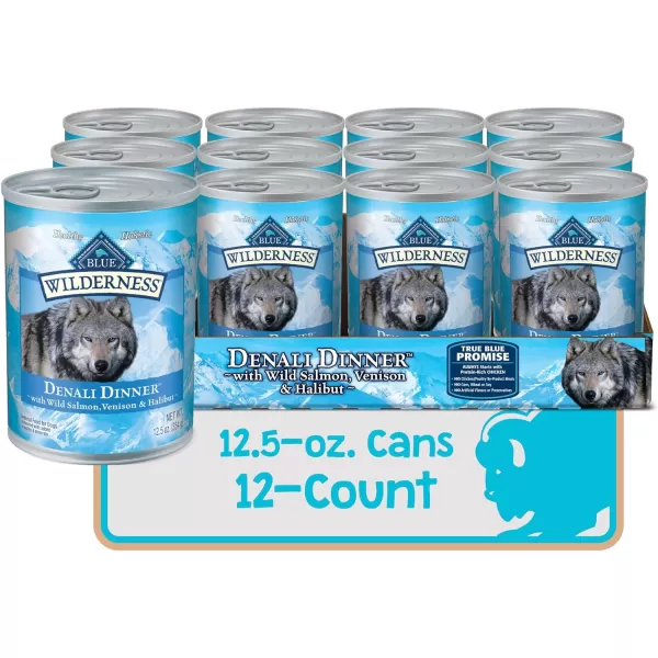 imageBlue Buffalo Wilderness Denali Dinner High Protein Natural Wet Dog Food Wild Salmon Venison amp Halibut 125oz cans Pack of 12Salmon Venison amp Halibut