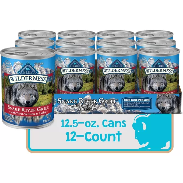 imageBlue Buffalo Wilderness Denali Dinner High Protein Natural Wet Dog Food Wild Salmon Venison amp Halibut 125oz cans Pack of 12Trout Venison amp Rabbit