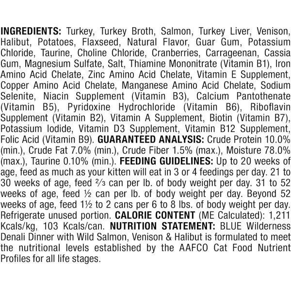 imageBlue Buffalo Wilderness High Protein Grain Free Natural Adult Pate Wet Cat Food Chicken Salmon Duck 3oz cans 72 count  24 of each flavorDenali  Turkey Salmon Venison amp Halibut 3 Ounce Pack of 24