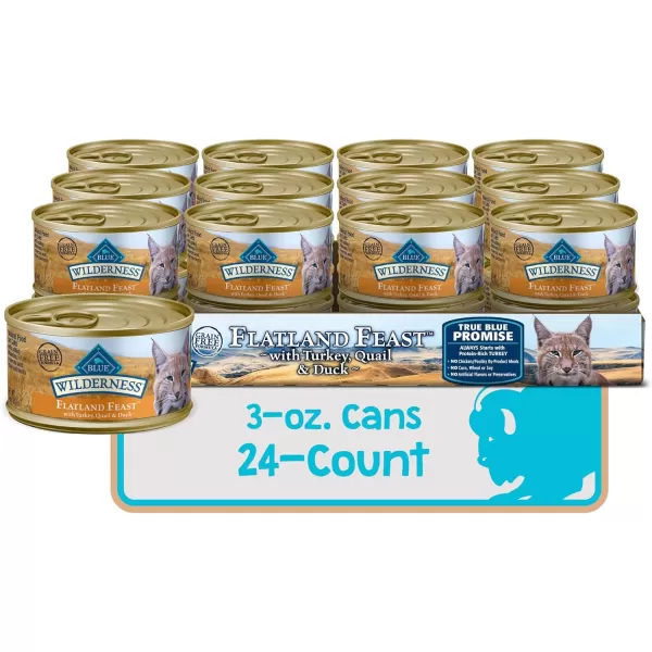 imageBlue Buffalo Wilderness High Protein Grain Free Natural Adult Pate Wet Cat Food Chicken Salmon Duck 3oz cans 72 count  24 of each flavorFlatland  Turkey Chicken Quail amp Duck 3 Ounce Pack of 24