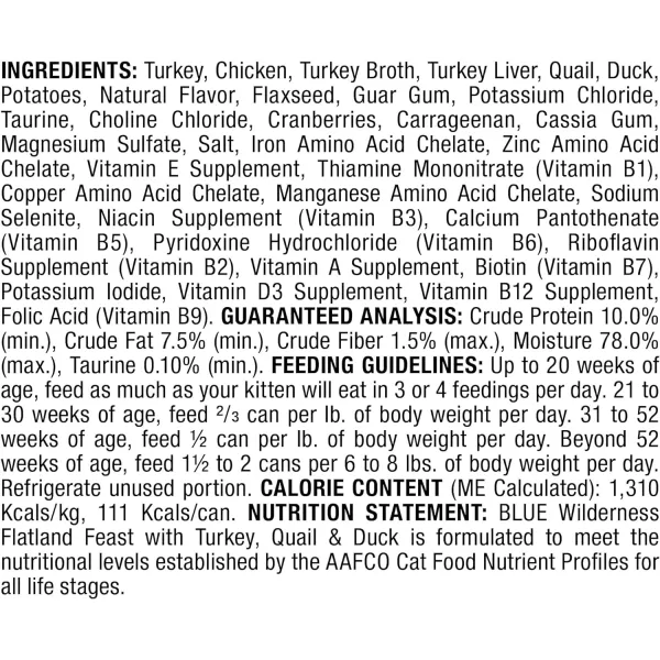 imageBlue Buffalo Wilderness High Protein Grain Free Natural Adult Pate Wet Cat Food Chicken Salmon Duck 3oz cans 72 count  24 of each flavorFlatland  Turkey Chicken Quail amp Duck 3 Ounce Pack of 24