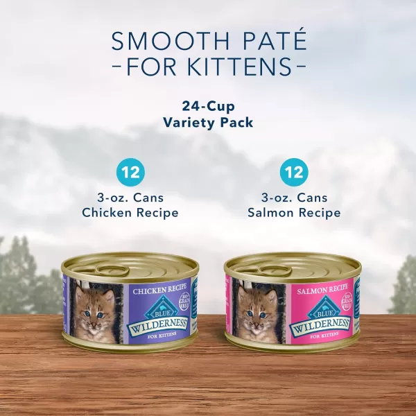imageBlue Buffalo Wilderness High Protein Grain Free Natural Kitten Pate Wet Cat Food Chicken 3oz cans Pack of 24Variety Pack Chicken amp Salmon 3 Ounce Pack of 24