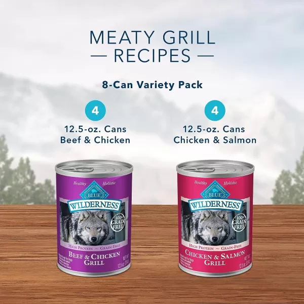 imageBlue Buffalo Wilderness High Protein Natural Adult Wet Dog Food Beef amp Chicken Grill 125oz cans Pack of 12Beef amp Chicken Grill and Chicken amp Salmon Grill Variety Pack 125 oz Pack of 8