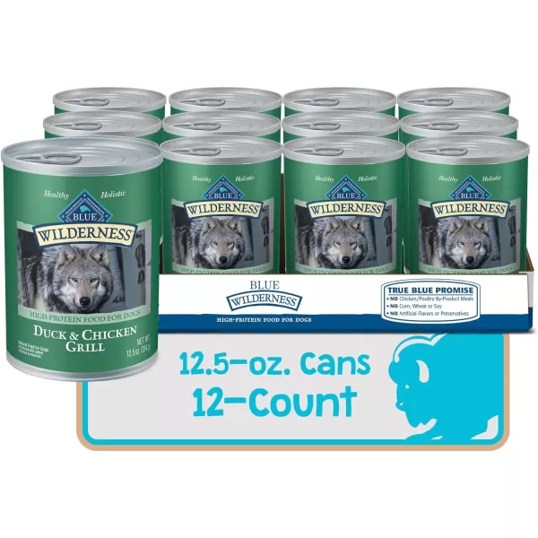imageBlue Buffalo Wilderness High Protein Natural Adult Wet Dog Food Salmon amp Chicken Grill 125oz cans Pack of 12Duck amp Chicken 125 Ounce Pack of 12