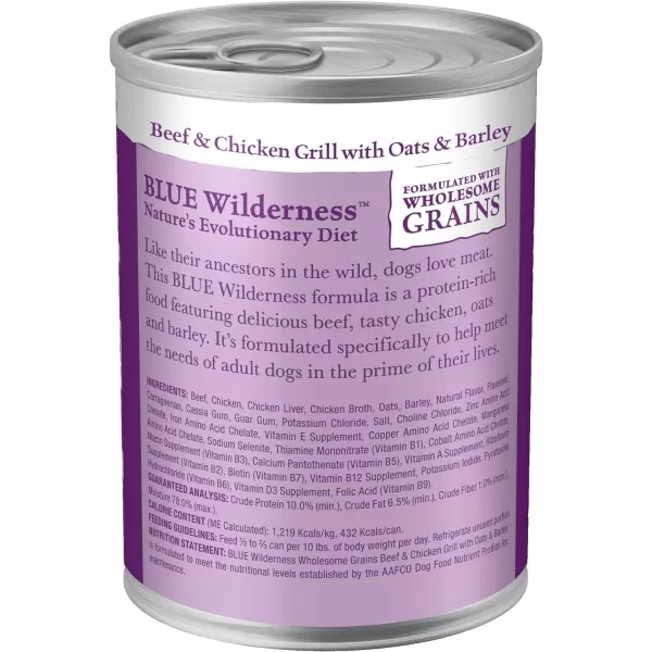 imageBlue Buffalo Wilderness High Protein Natural Adult Wet Dog Food plus Wholesome Grains Turkey amp Chicken Grill 125oz cans Pack of 12Beef amp Chicken