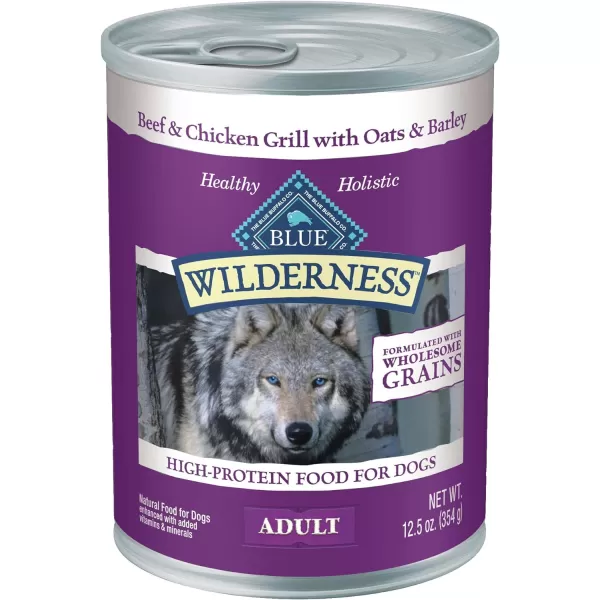 imageBlue Buffalo Wilderness High Protein Natural Adult Wet Dog Food plus Wholesome Grains Turkey amp Chicken Grill 125oz cans Pack of 12Beef amp Chicken