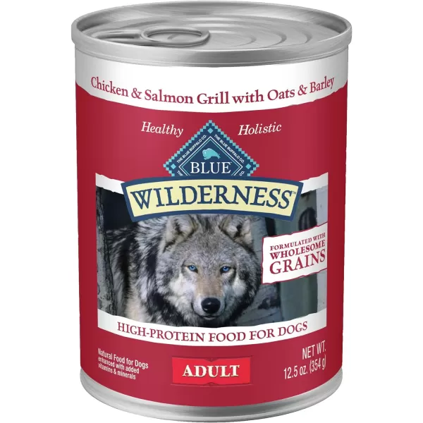 imageBlue Buffalo Wilderness High Protein Natural Adult Wet Dog Food plus Wholesome Grains Turkey amp Chicken Grill 125oz cans Pack of 12Salmon amp Chicken