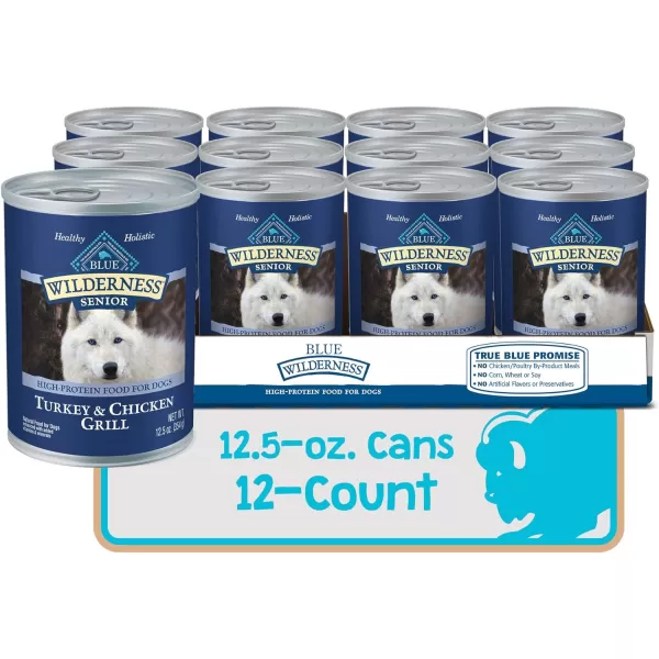 imageBlue Buffalo Wilderness High Protein Natural Senior Wet Dog Food Turkey amp Chicken Grill 125oz cans Pack of 12Turkey amp Chicken