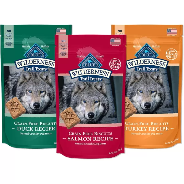 imageBlue Buffalo Wilderness Rocky Mountain Recipe High Protein Grain Free Crunchy Dog Treats Biscuits Red Meat 8oz bagVariety Pack Duck Turkey amp Salmon 10 Ounce Pack of 3