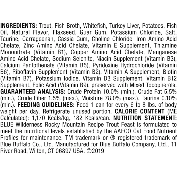 imageBlue Buffalo Wilderness Rocky Mountain Recipe High Protein Grain Free Natural Adult Pate Wet Cat Food Red Meat 55oz cans Pack of 24Trout