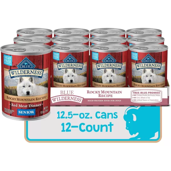 imageBlue Buffalo Wilderness Rocky Mountain Recipe High Protein Natural Senior Wet Dog Food Red Meat 125oz cans Pack of 12Red Meat ChickenFree