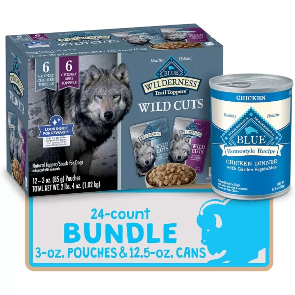 imageBlue Buffalo Wilderness Trail Toppers Wild Cuts High Protein Natural Wet Dog Food Variety Pack Chicken and Beef Bites 3oz Pouch 12 CountBUNDLE Beef amp Chicken 3 Ounce Pack of 24